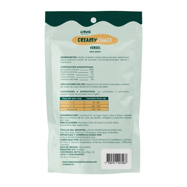 Lopets Creamy Snack Para Gatos - Verdel x 60 G (4x15g)